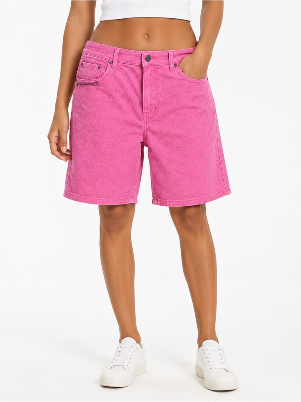 Pink High-Rise Denim Bermuda Shorts - Women's